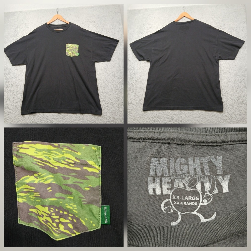Mighty Healthy Shirt Mens XXL Black Short Sleeve Camo Pocket Graphic Skate Tee